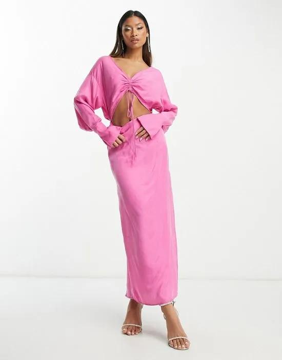 maxi dress with drawstring bust and cut out in pink