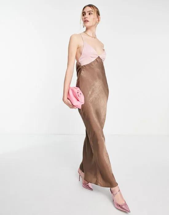 maxi satin backless dress in brown and pink color block
