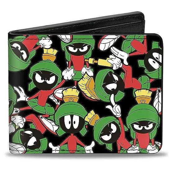 Mens Buckle-down Pu Bifold - Marvin the Martian Poses Scattered Black Bi Fold Wallet, Multicolor, 4.0 x 3.5 US