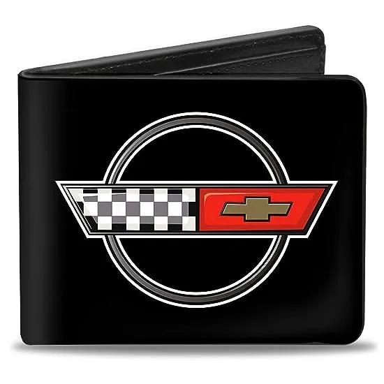 Mens Pu Bifold Wallet - Corvette C4 Checker/Bowtie Logo Black, Multicolor, 4.0" x 3.5"