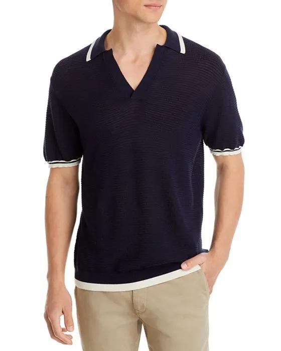 Merino Wool & Cotton Waffle Knit Regular Fit Open Collar Polo Shirt 