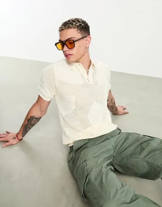 mesh floral polo in white