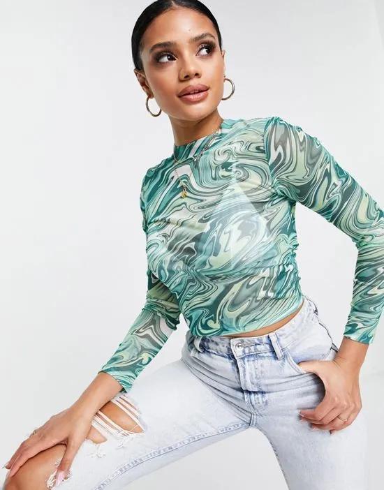 mesh high neck crop in green marble print - MGREEN