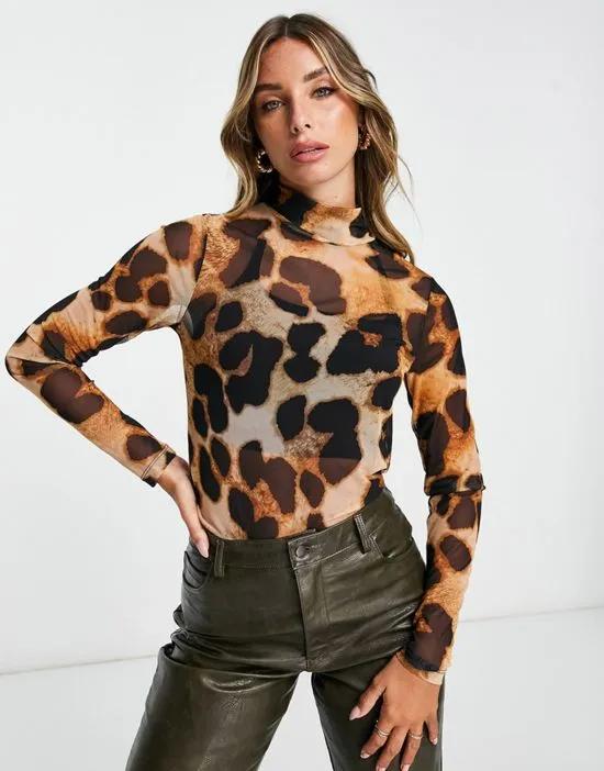 mesh high neck long sleeve top in leopard print