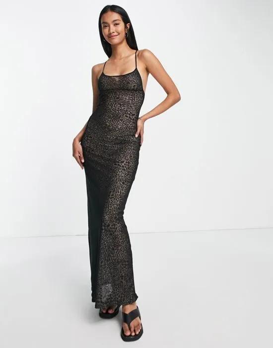 mesh maxi dress in textured leopard print with contrast lining in black
