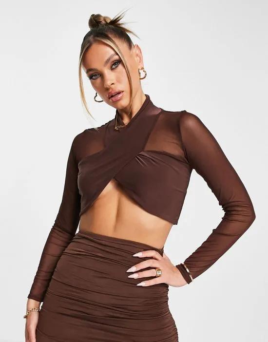 mesh overlay crop top in chocolate - part of a set