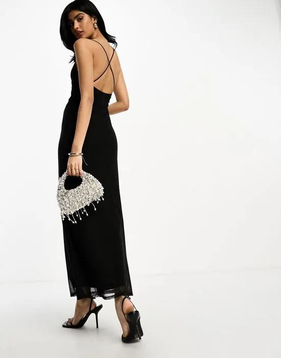 mesh square neck strappy maxi dress in black