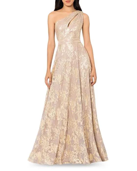 Metallic Abstract Floral Print One Shoulder Gown - 100% Exclusive