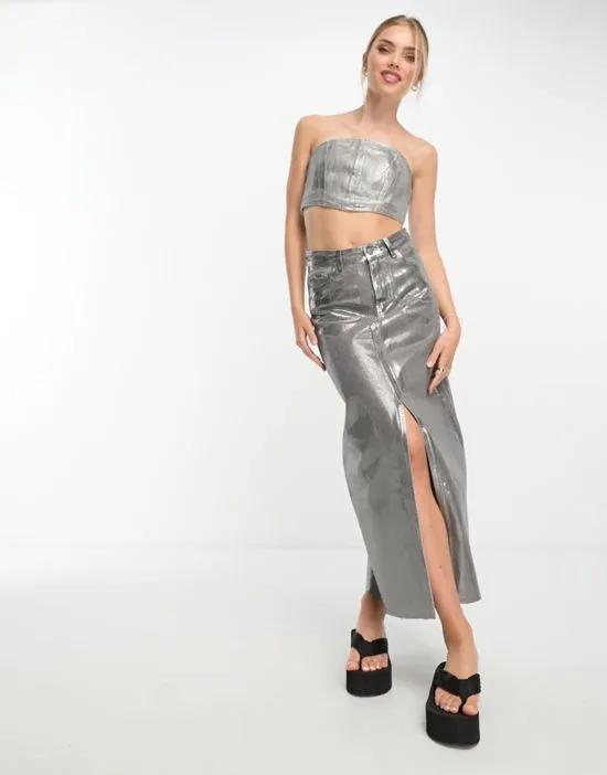 metallic denim midi skirt with split front in silver