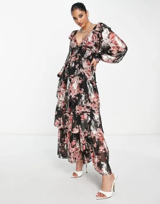 metallic plunge ruffle maxi dress with tiers in black floral print