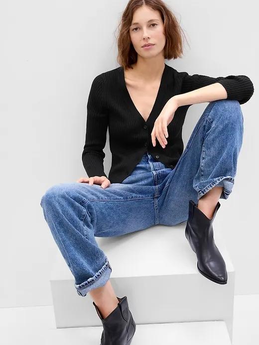 Metallic Rib V-Neck Cardigan