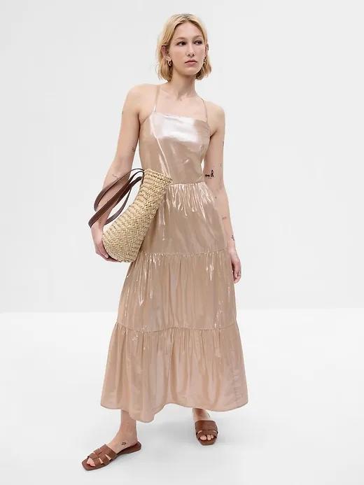 Metallic Tie-Back Tiered Maxi Dress