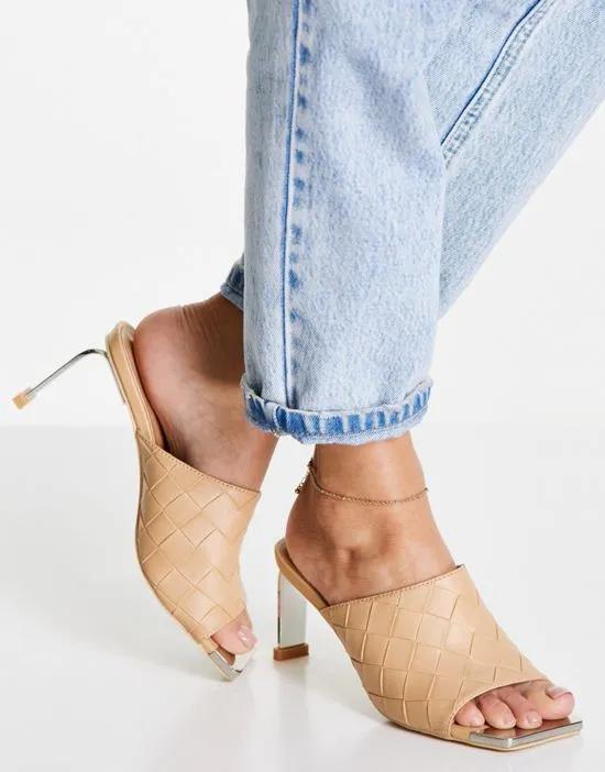 Mia mule heeled sandals with woven uppers in camel - TAN