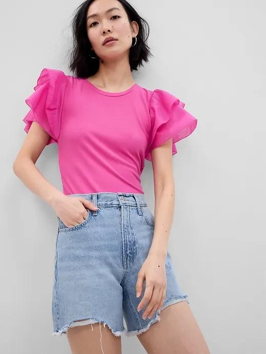 MicroRib Ruffle Sleeve T-Shirt