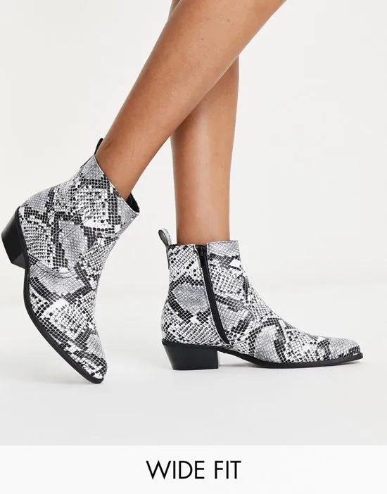 mid heel ankle boots in mono snake print