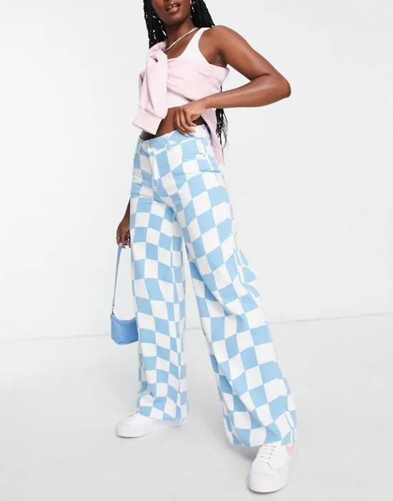 mid rise a-line printed jeans in blue and white checkerboard