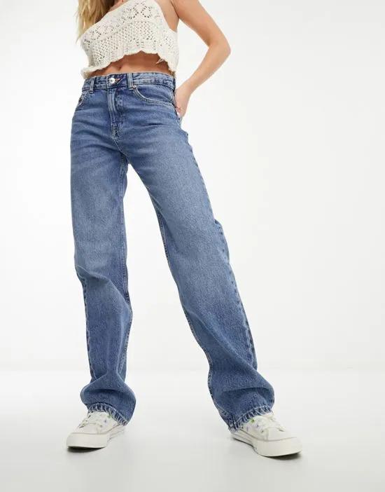 mid rise straight leg jeans in medium blue