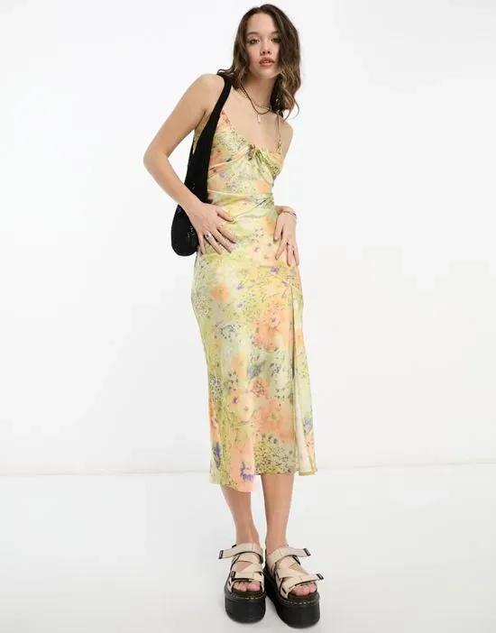 midi cami dress in green floral print with open tie back
