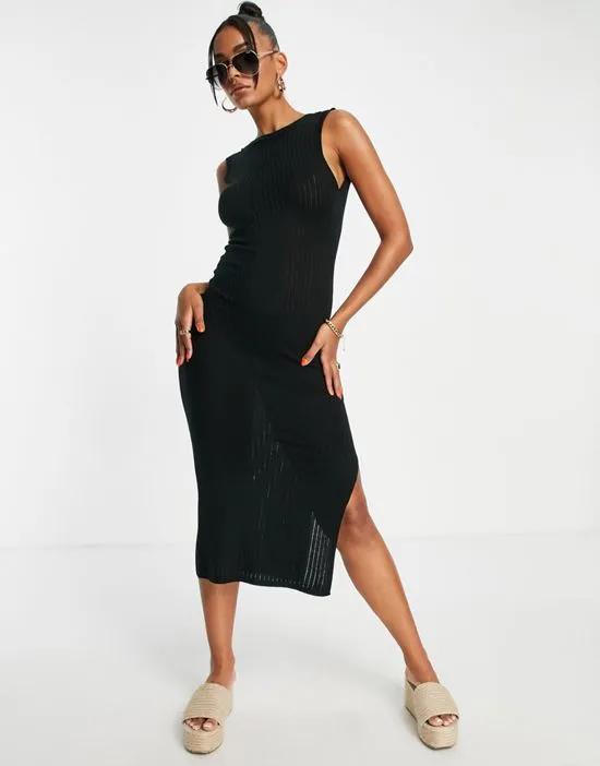 midi dress in open stitch with low back detail in black