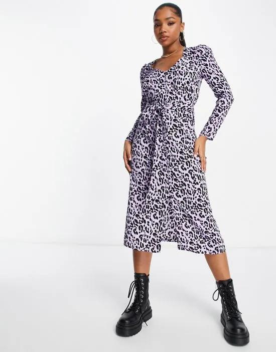 midi dress in purple animal print