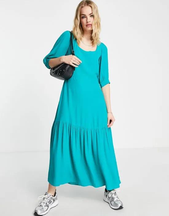 midi dress with gathered hem and statement sleeve in turquoise