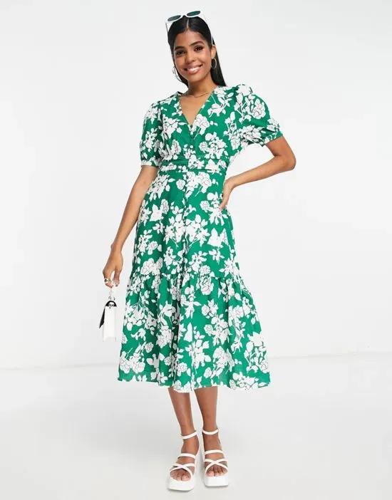 midi dress with peplum hem in green floral print