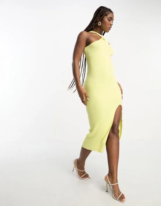 midi dress with twist high neck and side slit in yellow
