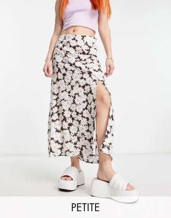 midi skirt with side slit in brown floral