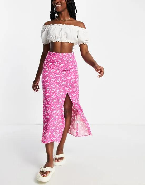 midi slip skirt with thigh slit in pink ditsy print