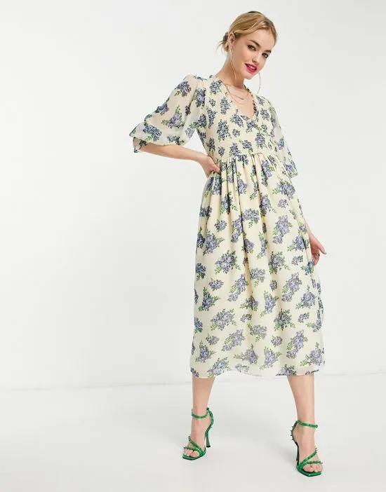 midi smock dress with shirred cuffs in white base floral print