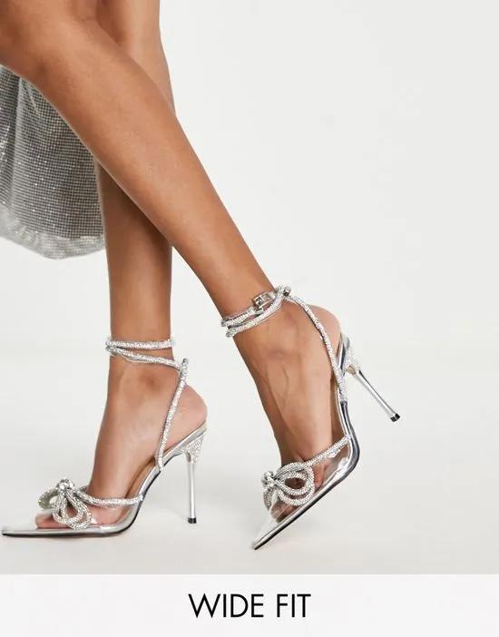 Midnight heeled shoes with rhinestone bow detail in silver