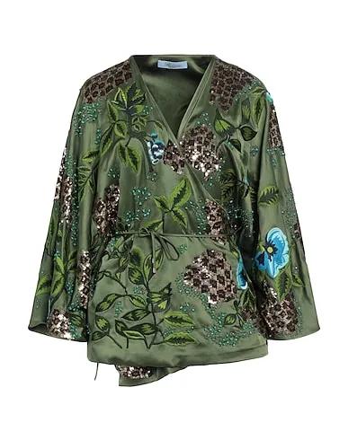 Military green Satin Floral shirts & blouses