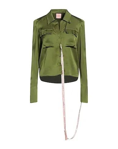 Military green Satin Solid color shirts & blouses