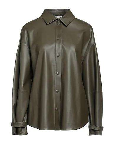 Military green Solid color shirts & blouses