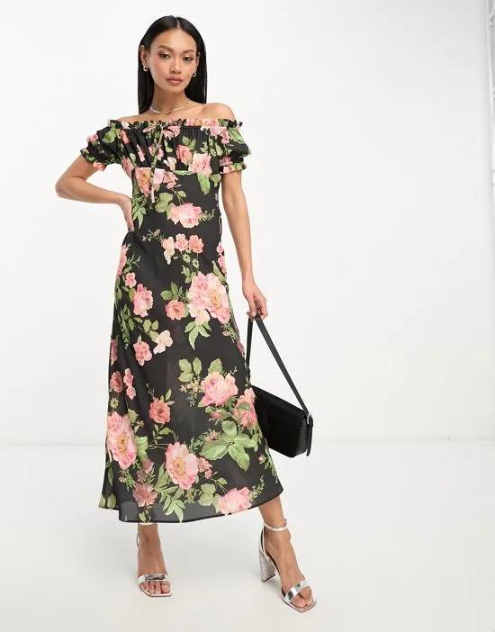 milkmaid bardot midi dress with tie front neck in rose floral