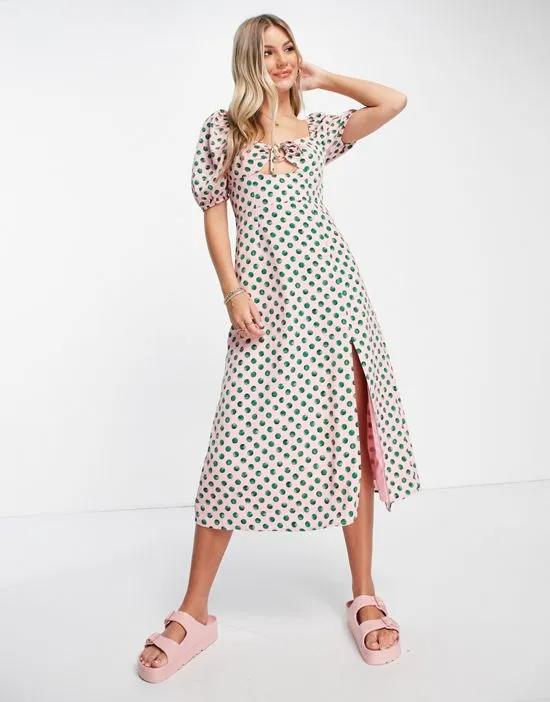 milkmaid midaxi dress with tie bust detail in watercolor spot