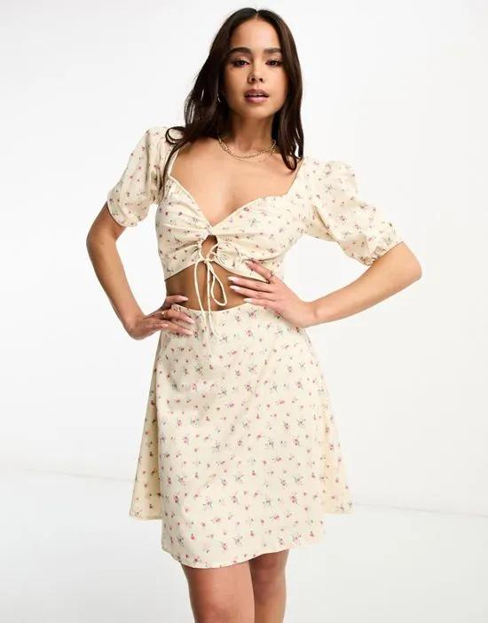 milkmaid mini dress with cut out bodice in vintage floral
