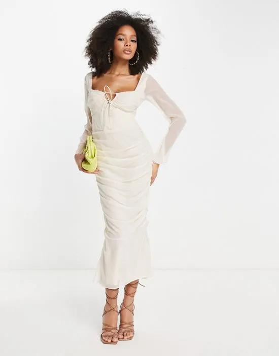 milkmaid ruched detail midi dress with flared sleeves in cream