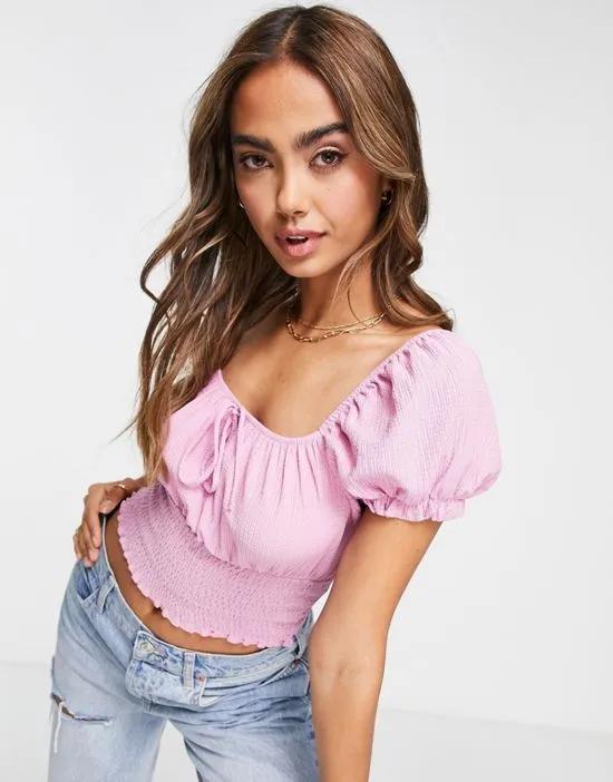milkmaid shirred crop top in pink