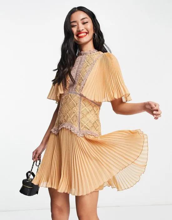 mini dress with contrast lace trims and pleated cape sleeve in orange