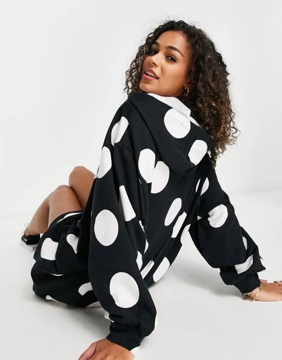 mini hoodie sweat dress with giant dot print in black and white