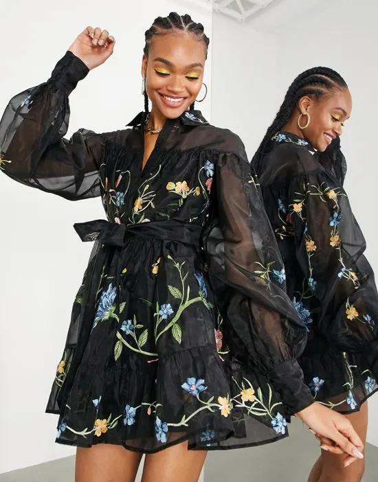 mini shirt dress in organza with floral embroidery