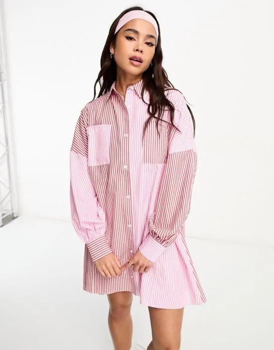 mini shirt dress with balloon sleeves in pink and red stripe