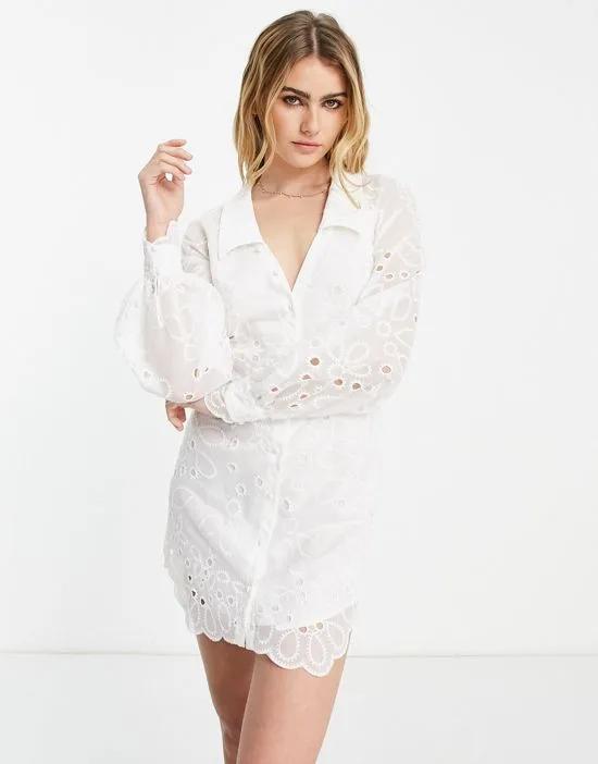 mini shirt dress with floral broderie detail in white