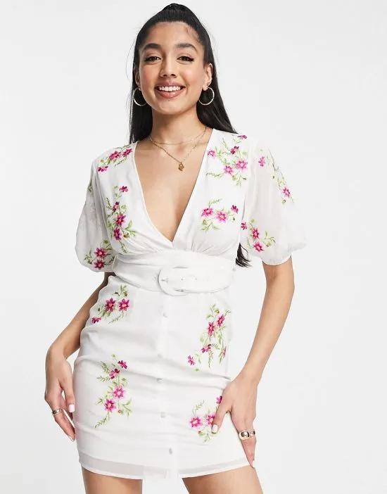 mini tea dress with pop floral embroidery in white