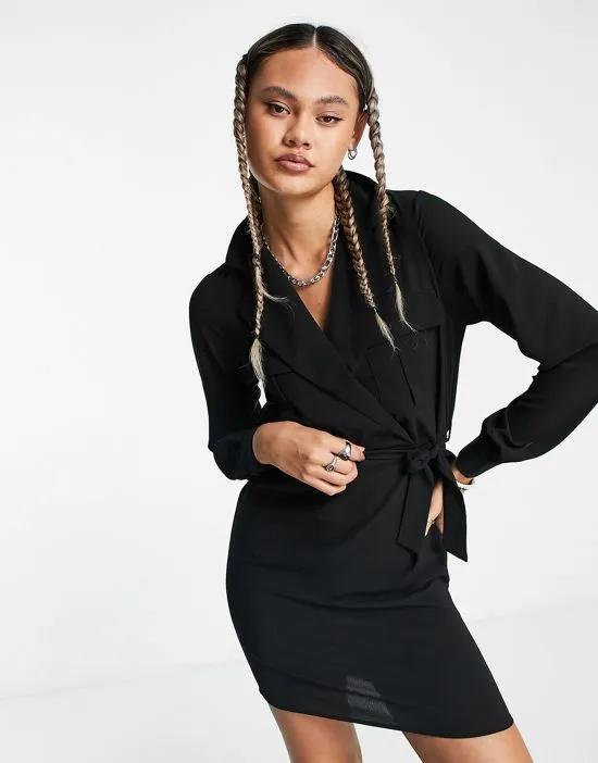 mini wrap shirt dress in black