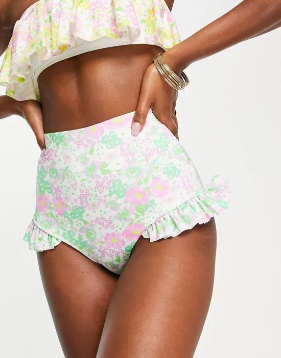 mix and match frill high waist bikini bottom in mixed ditsy floral print