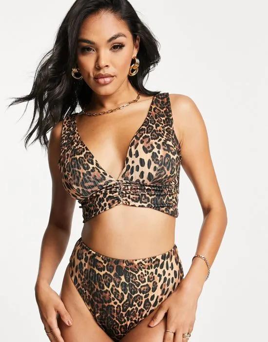 mix and match rib deep band ruched crop bikini top in leopard print