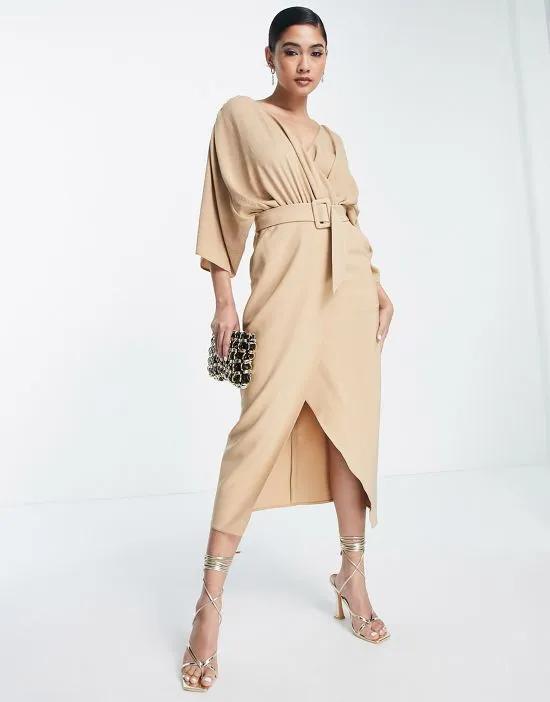 mixed fabric belted wrap skirt midi dress in camel