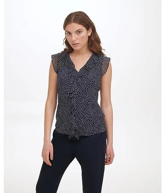 Mixed Media Dot Ruffle Blouse